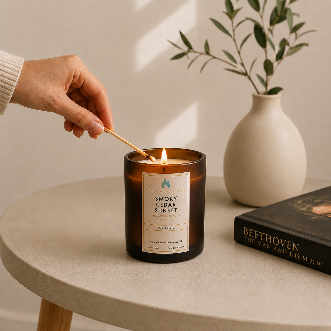 Smoky Cedar Sunset luxury candle with cedarwood, patchouli, vanilla, sage, lily of the valley, and crisp autumn fragrance notes.