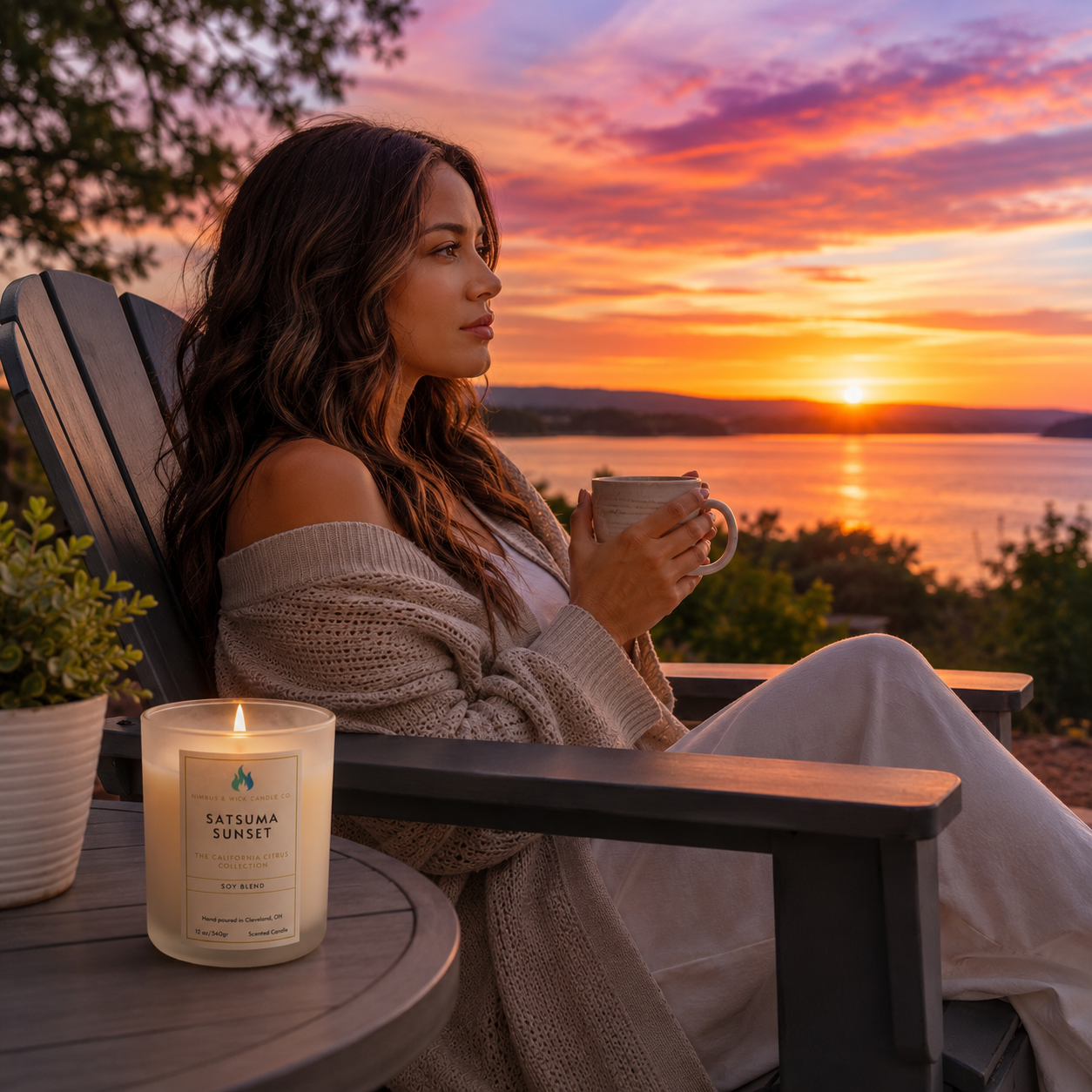 Satsuma Sunset citrus soy candle featuring mandarin, grapefruit, bergamot, jasmine, berries, vanilla, and tonka fragrance notes.
