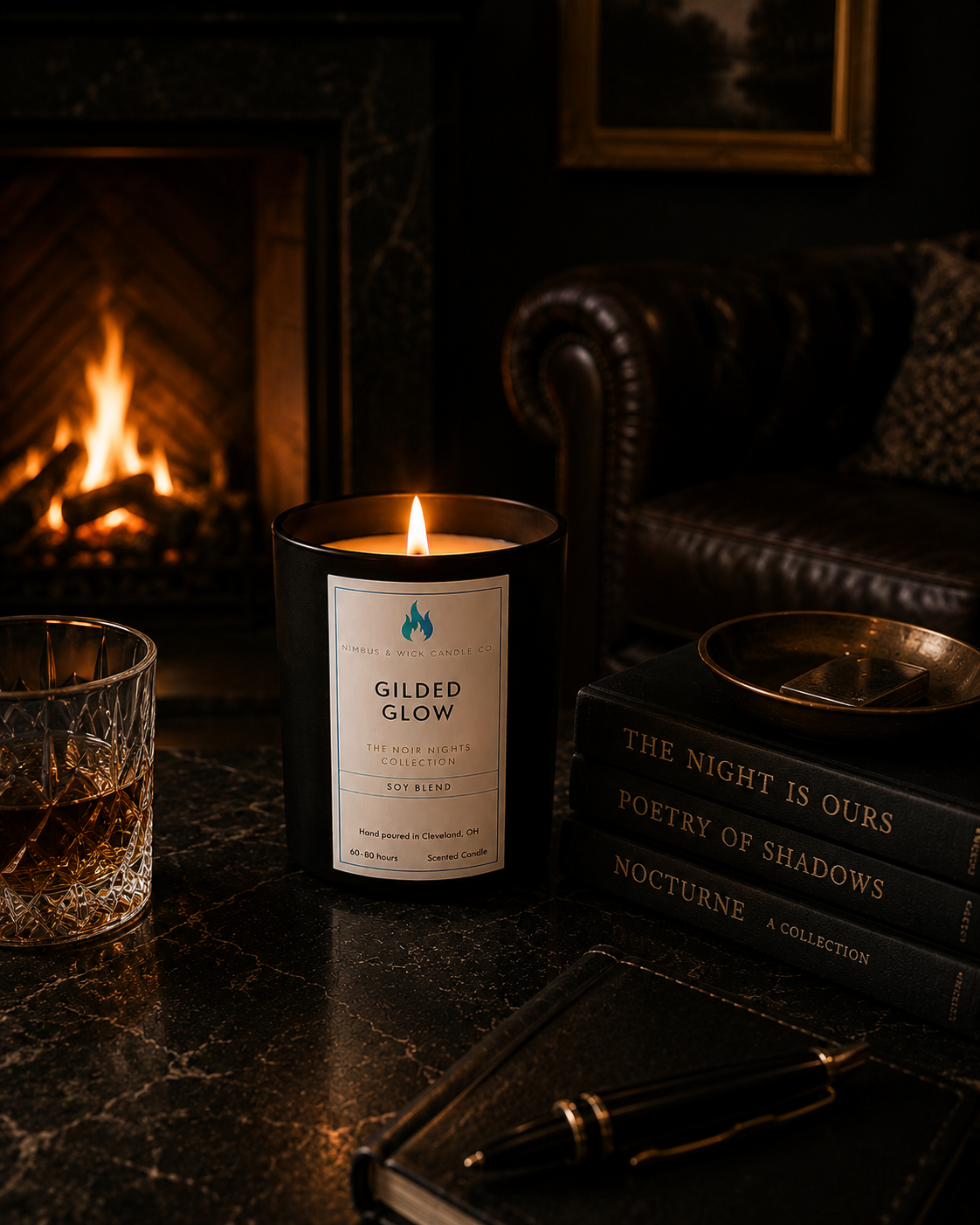 Gilded Glow hand-poured soy candle with brown sugar, butterscotch, cardamom, patchouli, and oak-inspired fragrance notes.