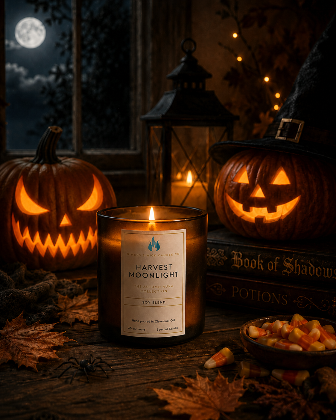 Harvest Moonlight fall-inspired soy candle featuring fresh air, berries, pine, vetiver, cedarwood, amber, and sandalwood.
