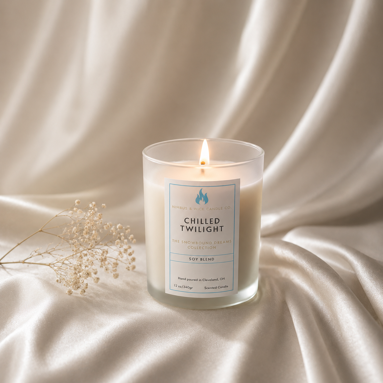 Chilled Twilight luxury scented candle featuring fresh air, spearmint, pine needles, winter berries, moss, and vanilla musk.