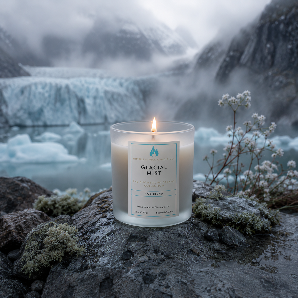 Glacial Mist winter-inspired soy candle with cranberry, red apple, evergreen, vanilla, musk, and fresh winter air fragrance notes.