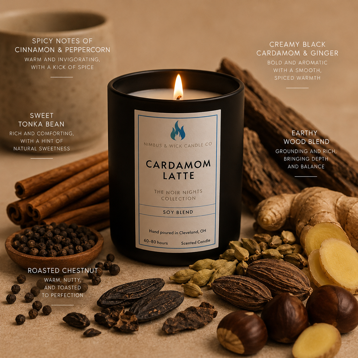 Cardamom Latte scented soy candle with cinnamon, black cardamom, ginger, cream, tonka bean, and chestnut fragrance notes.