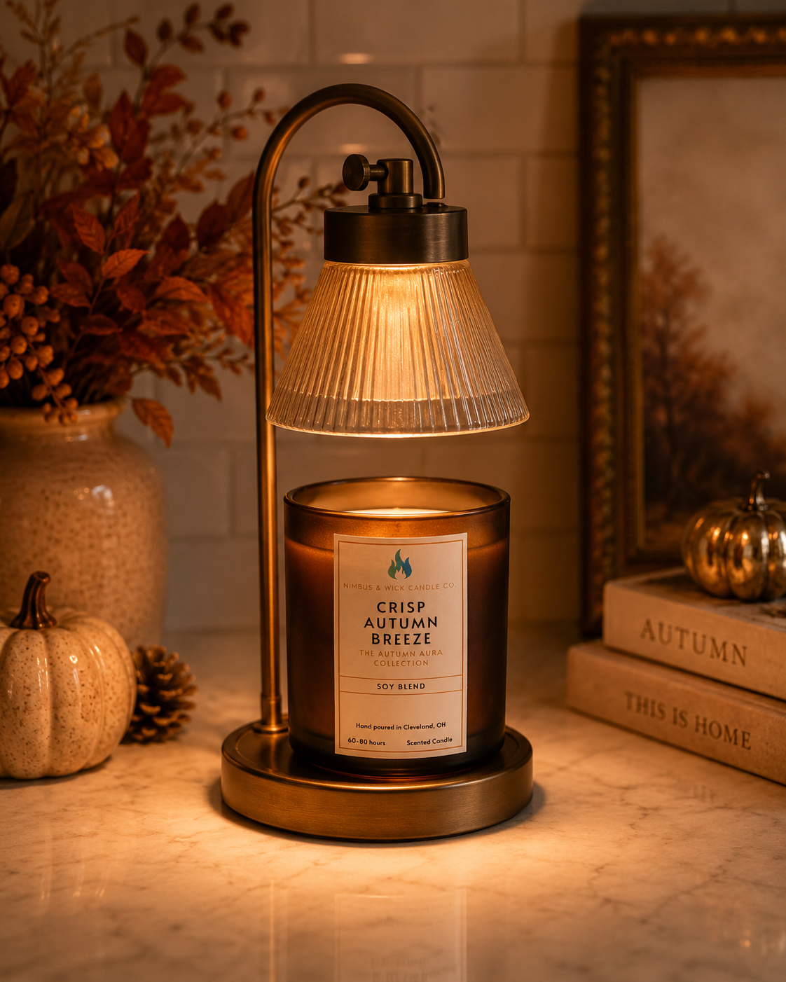 Crisp Autumn scented soy candle featuring lemon zest, orange, clove, sandalwood, amber, and charred firewood fragrance notes.
