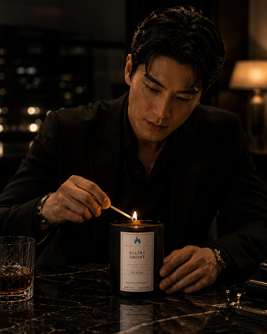Sultry Smoke luxury candle featuring leather, tobacco leaf, bergamot, amber, rose, and lavender fragrance notes.
