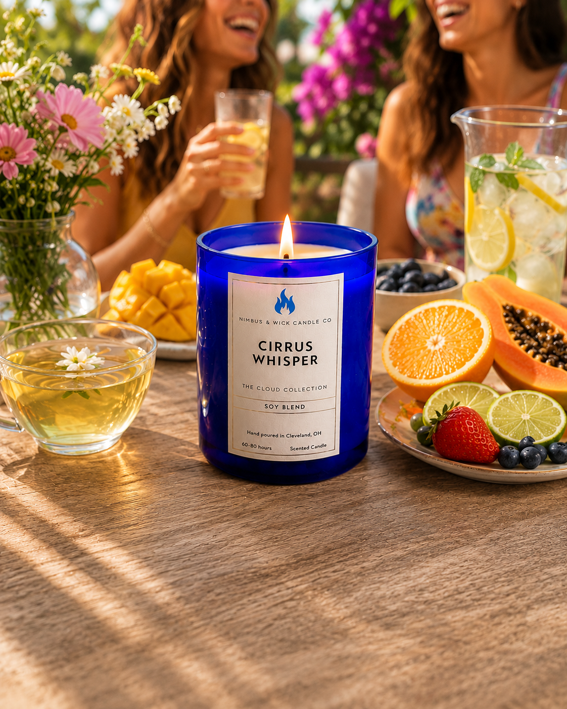 Cirrus Whisper luxury soy candle by Nimbus & Wick Candle Co. featuring white tea, aloe, vanilla flower, and sandalwood fragrance notes.