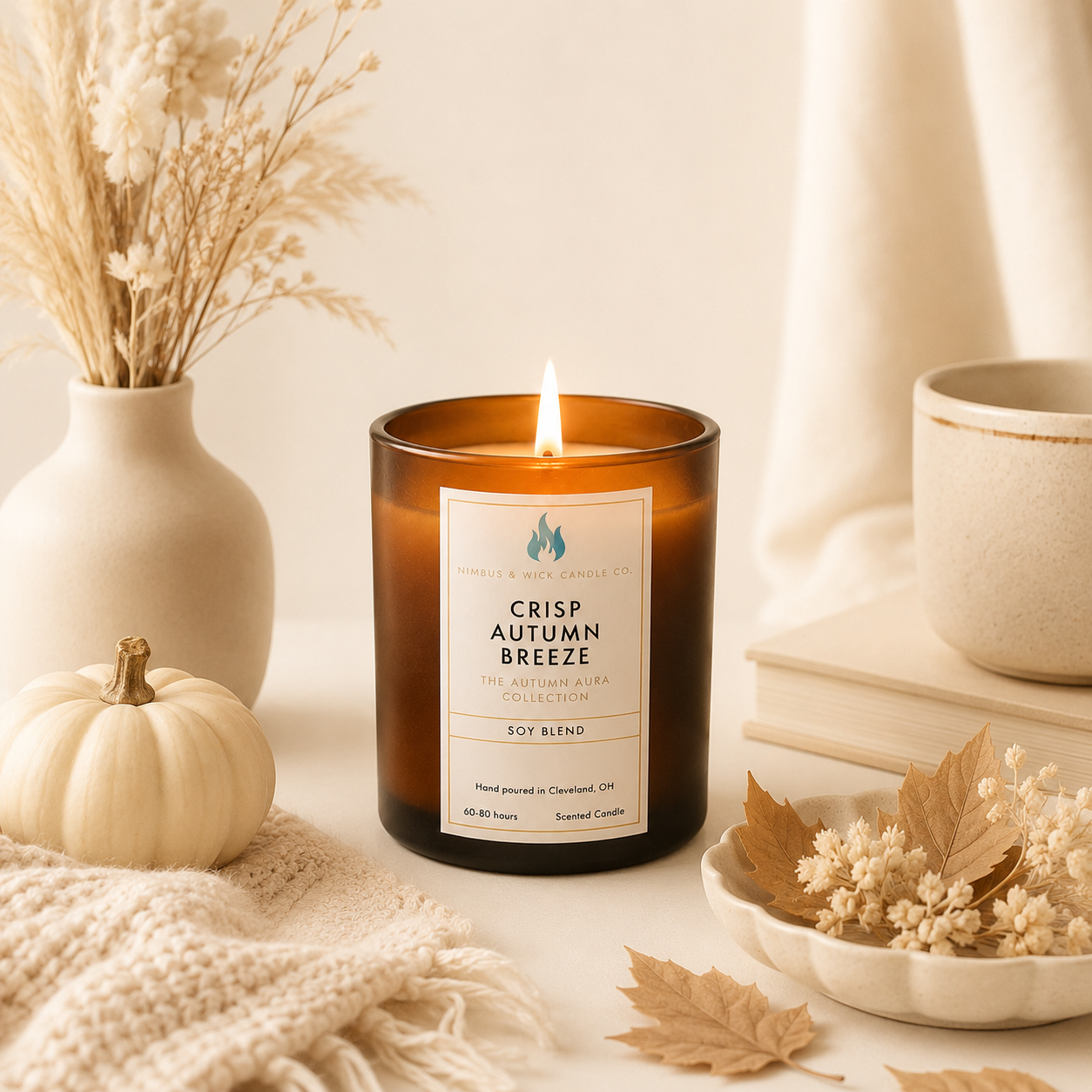 Crisp Autumn scented soy candle featuring lemon zest, orange, clove, sandalwood, amber, and charred firewood fragrance notes.