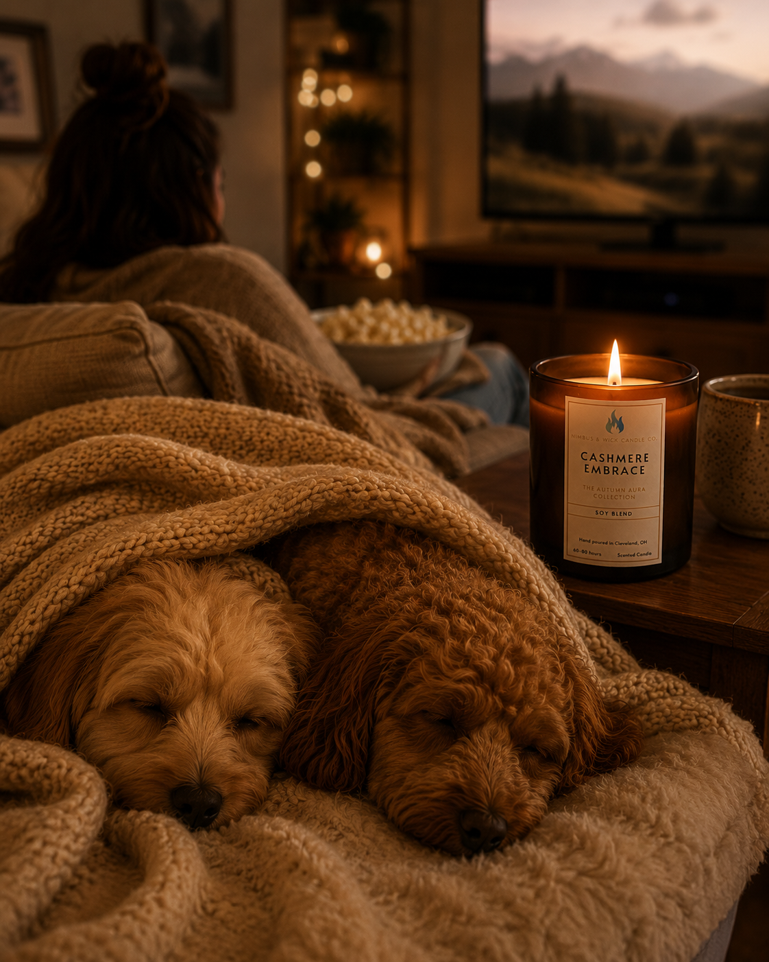 Cashmere Embrace luxury soy candle featuring creamy cashmere, coconut, vanilla, cedarwood, amber, and soft floral musk.