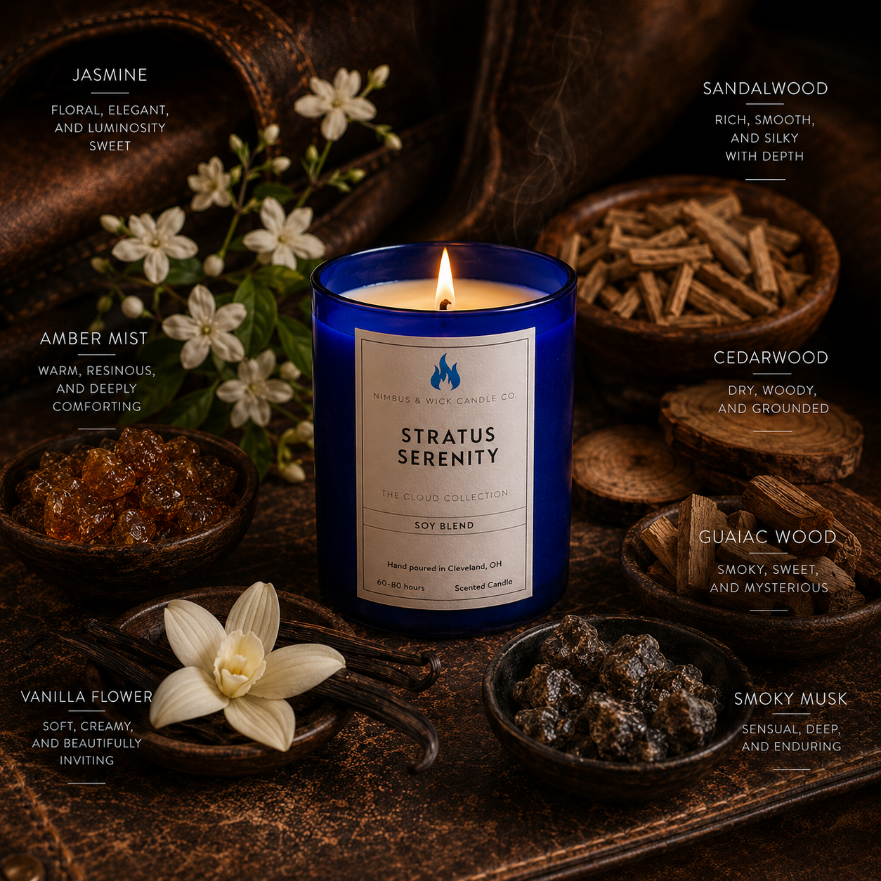 Stratus Serenity premium soy candle with warm woods, spices, and calming fragrance notes from Nimbus & Wick Candle Co.