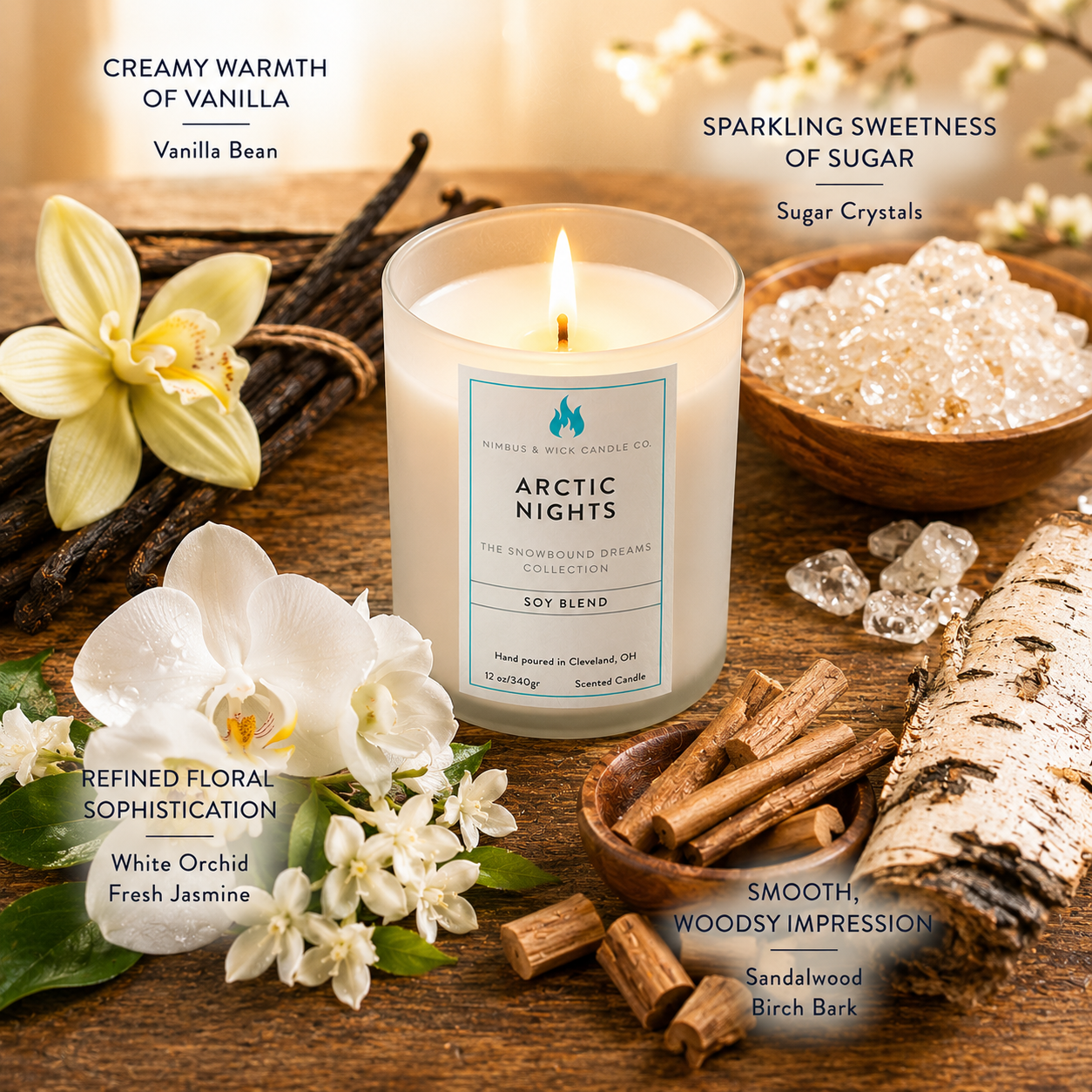 Arctic Nights hand-poured soy candle with creamy vanilla, sparkling sugar, jasmine, white orchid, sandalwood, and birch bark.
