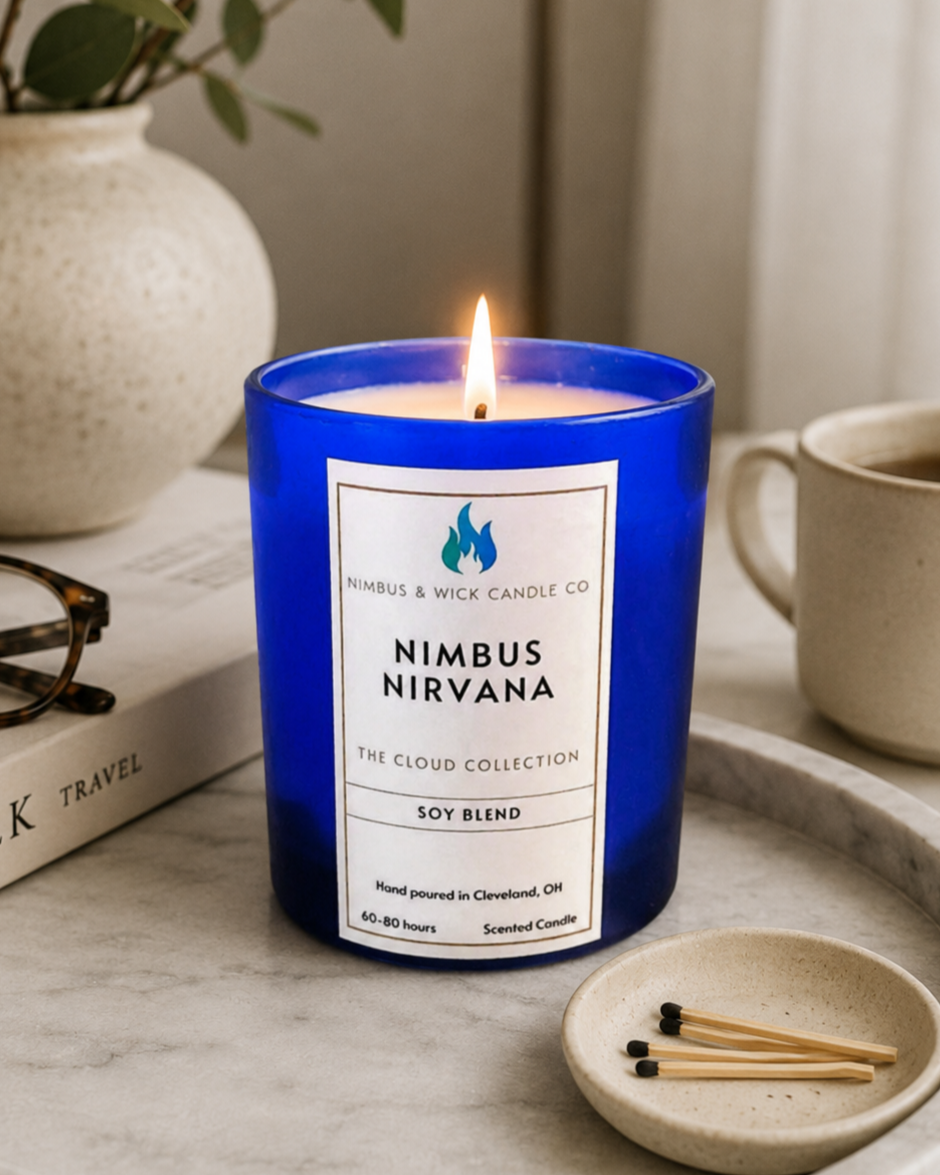Nimbus Nirvana hand-poured soy candle with Nag Champa, apple, cinnamon, patchouli, and vanilla fragrance notes by Nimbus & Wick Candle Co.