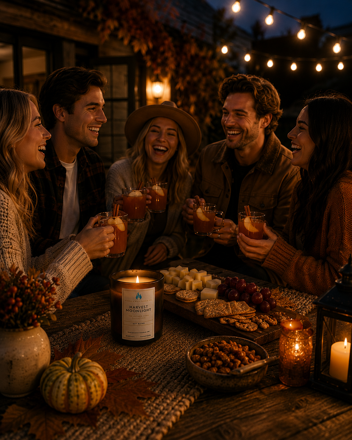 Harvest Moonlight fall-inspired soy candle featuring fresh air, berries, pine, vetiver, cedarwood, amber, and sandalwood.