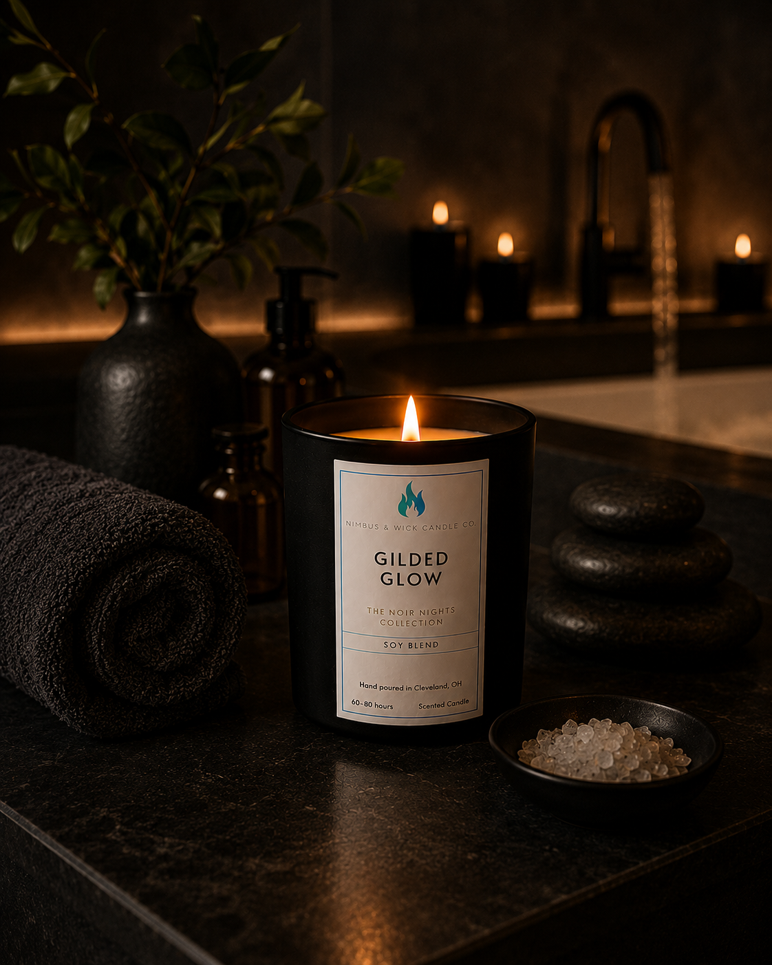 Gilded Glow hand-poured soy candle with brown sugar, butterscotch, cardamom, patchouli, and oak-inspired fragrance notes.