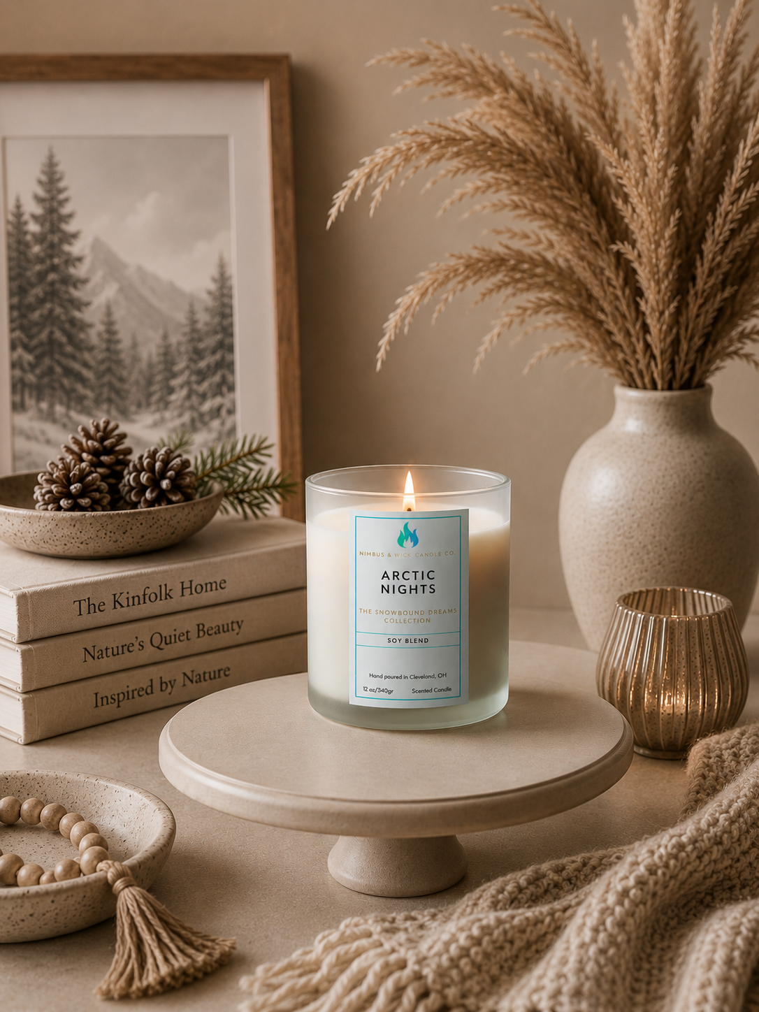 Arctic Nights hand-poured soy candle with creamy vanilla, sparkling sugar, jasmine, white orchid, sandalwood, and birch bark.