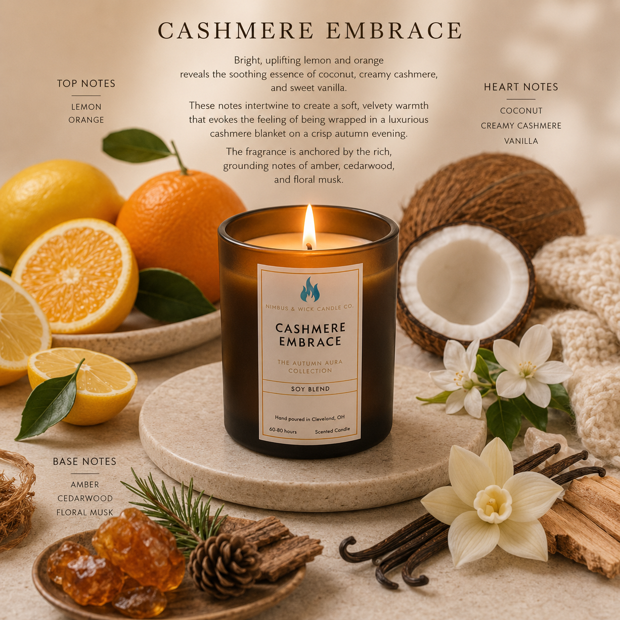 Cashmere Embrace luxury soy candle featuring creamy cashmere, coconut, vanilla, cedarwood, amber, and soft floral musk.