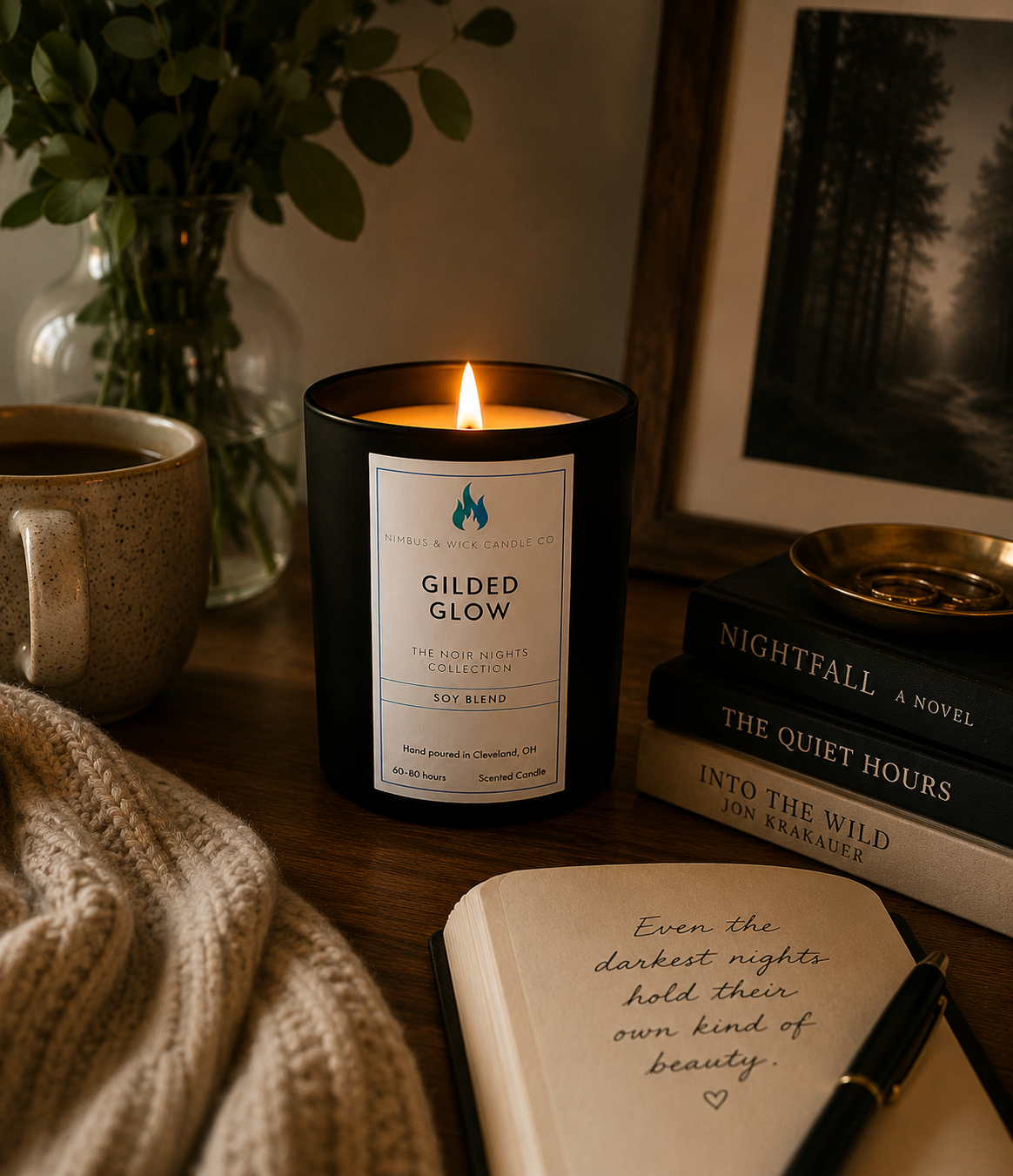 Gilded Glow hand-poured soy candle with brown sugar, butterscotch, cardamom, patchouli, and oak-inspired fragrance notes.
