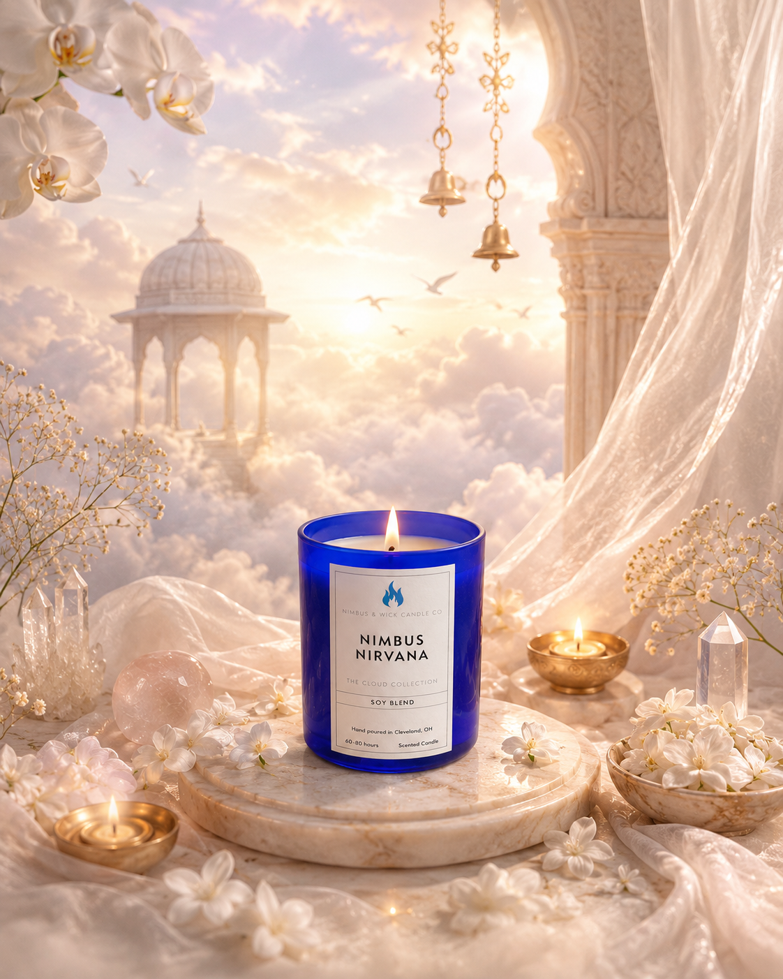 Nimbus Nirvana hand-poured soy candle with Nag Champa, apple, cinnamon, patchouli, and vanilla fragrance notes by Nimbus & Wick Candle Co.