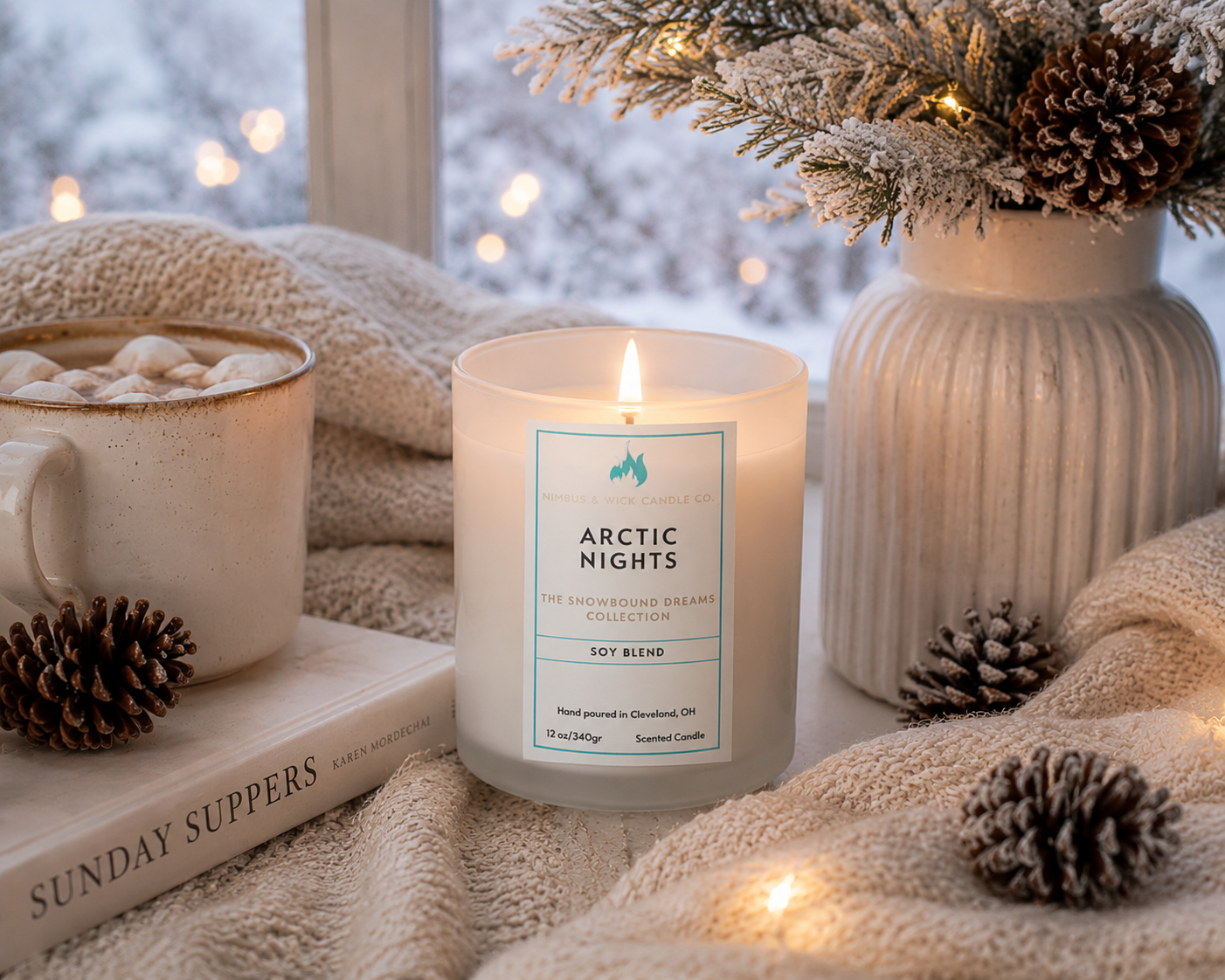 Arctic Nights hand-poured soy candle with creamy vanilla, sparkling sugar, jasmine, white orchid, sandalwood, and birch bark.