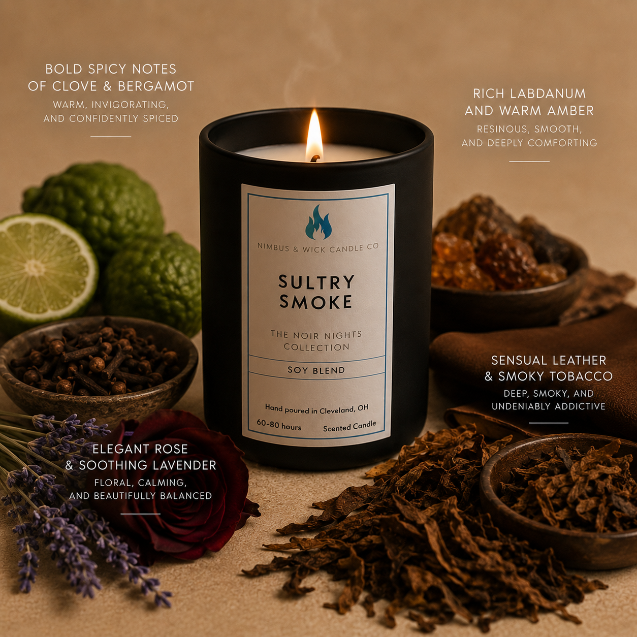 Sultry Smoke luxury candle featuring leather, tobacco leaf, bergamot, amber, rose, and lavender fragrance notes.