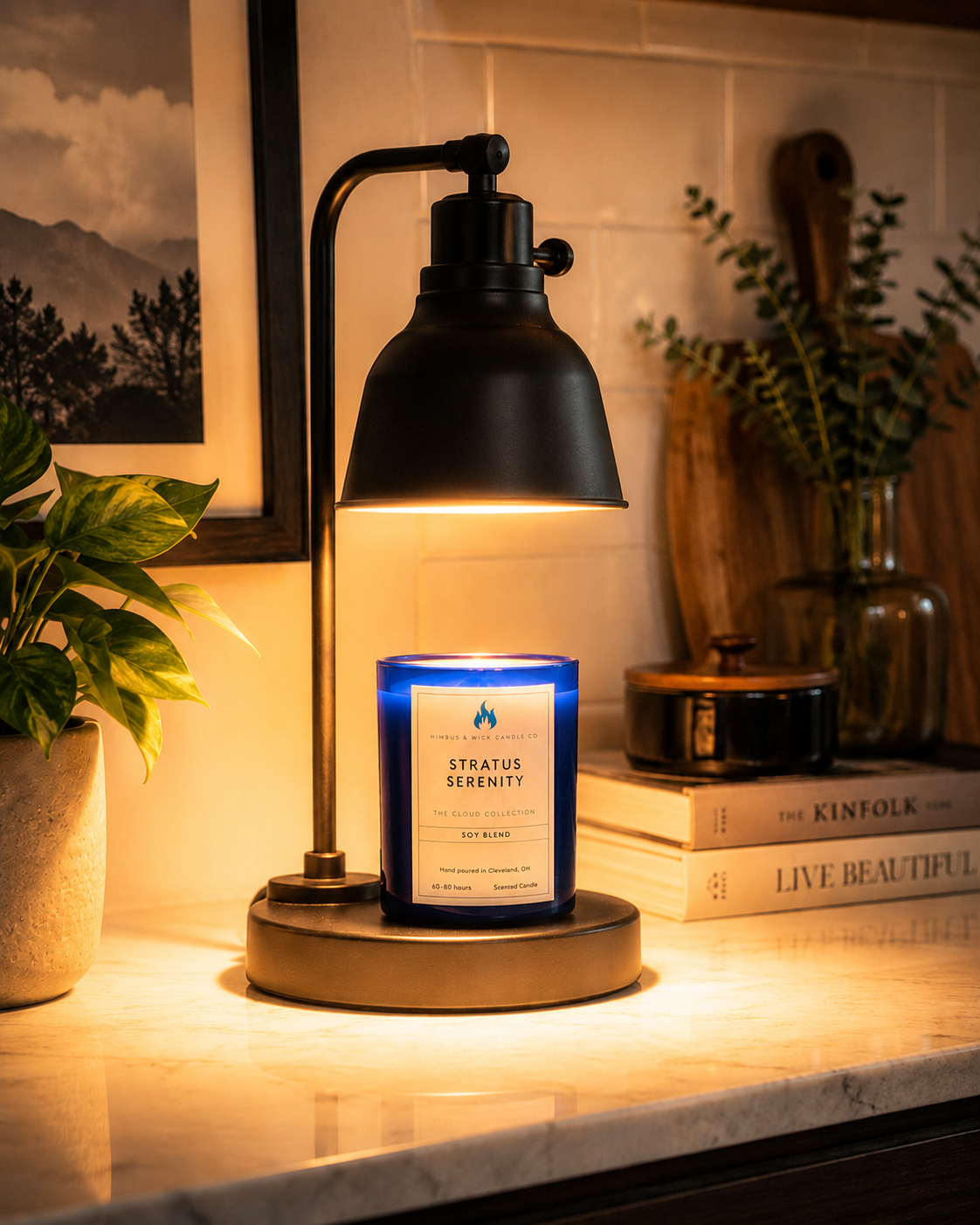 Stratus Serenity premium soy candle with warm woods, spices, and calming fragrance notes from Nimbus & Wick Candle Co.
