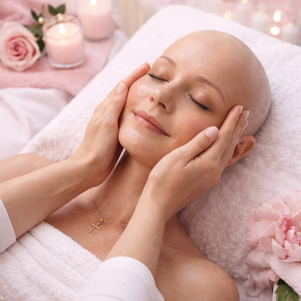 A woman with a shaved head relaxing with her eyes closed as a person's hands gently hold her face in a spa or wellness setting, surrounded by pink flowers and lit candles.