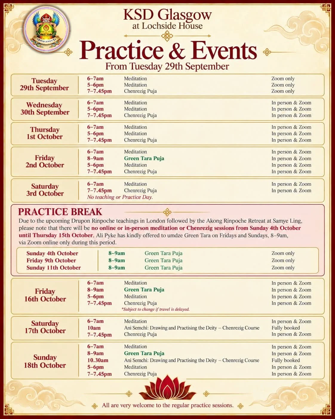 Important Meditation &amp; Sessions Schedule Update for 29/09/26-16/10/26