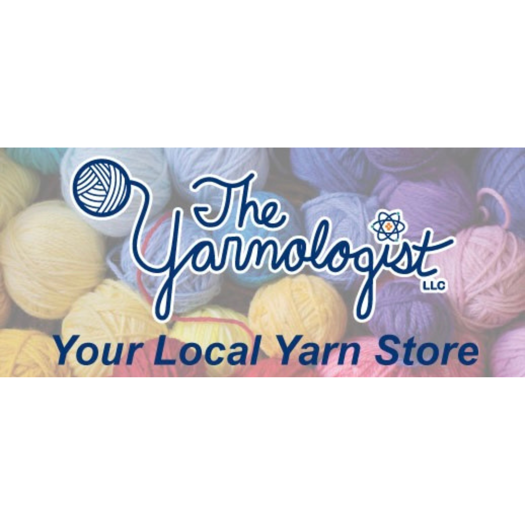 Logo with a dark blue background, the text 'The Yarnologist' written in a cursive, yarn-like font, and illustrations of a ball of yarn and an atomic model, suggesting a connection to knitting or science.