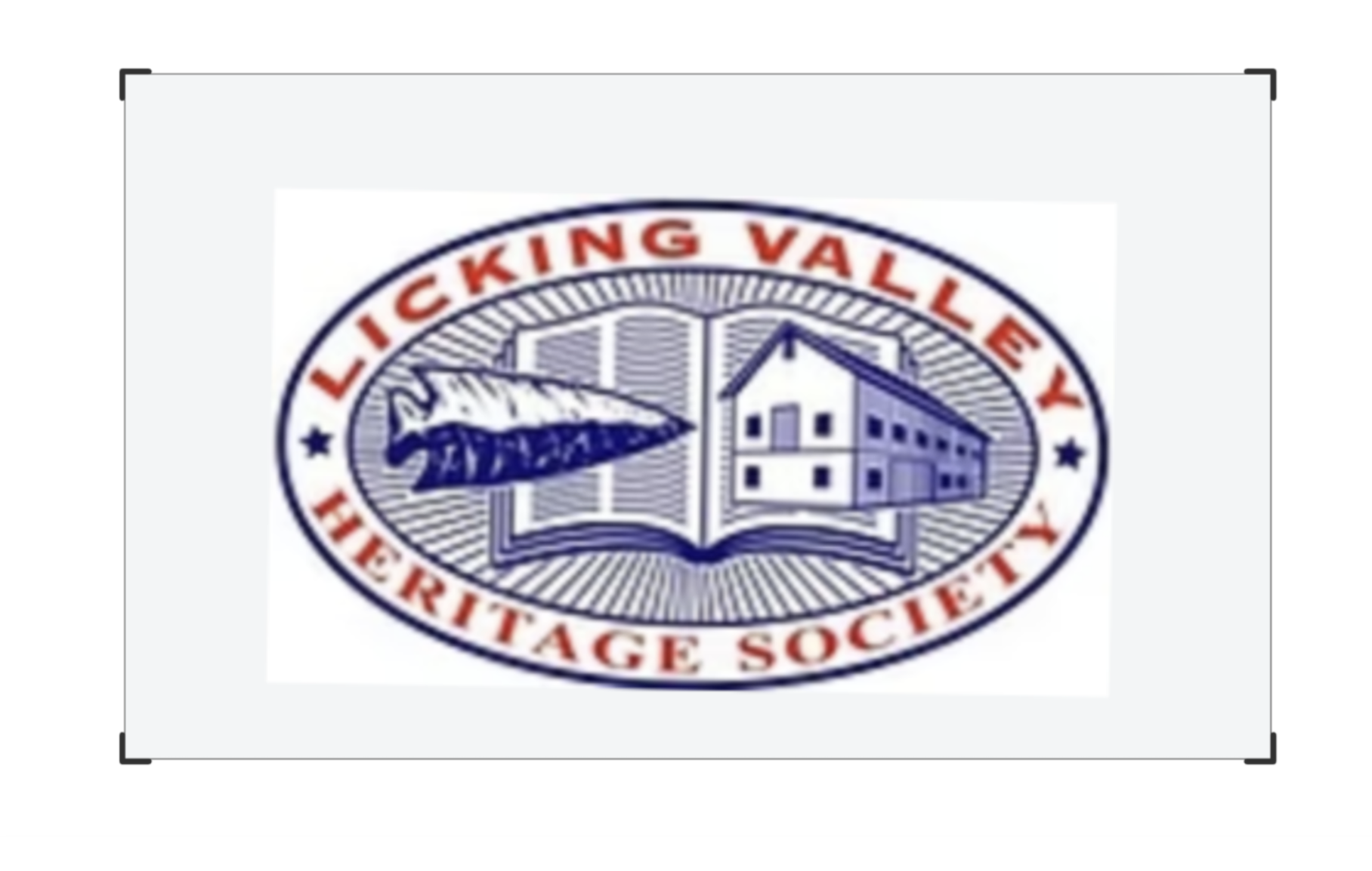 Licking Valley Heritage Society logo featuring a fish, a house, and an open book.
