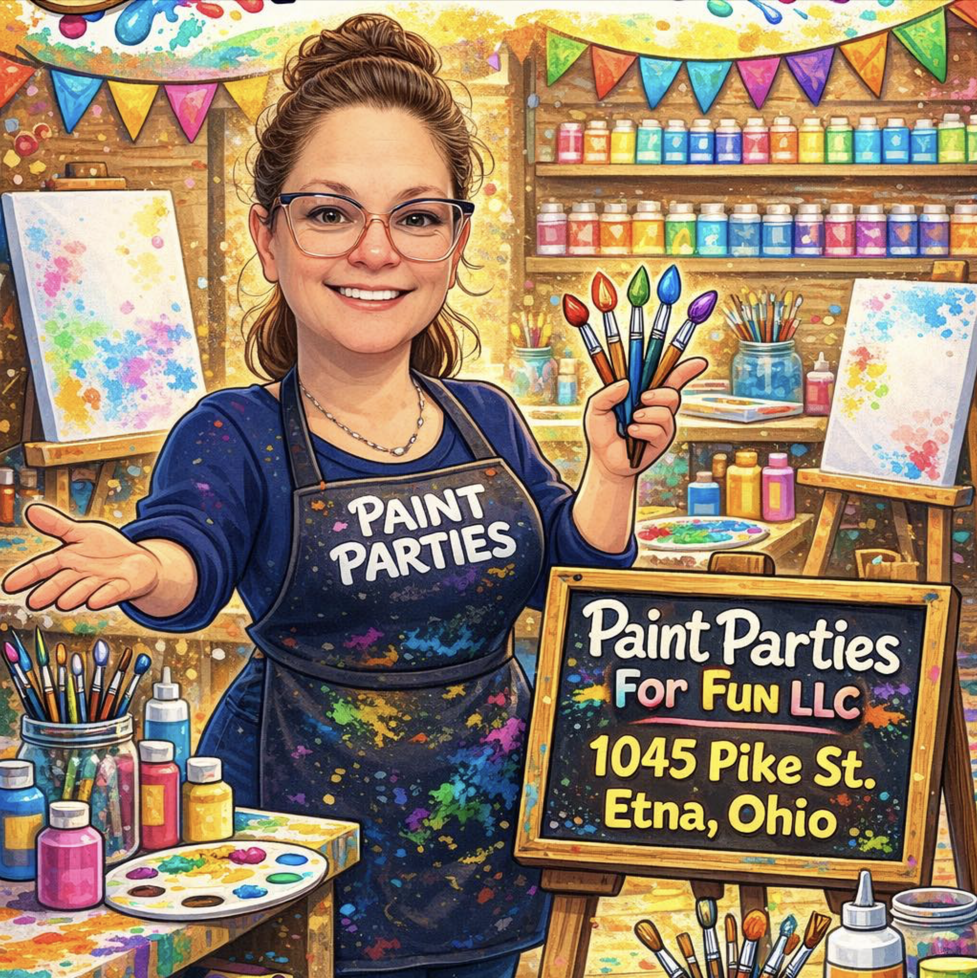 A group of six women standing indoors, each holding a painted wooden pumpkin decoration with colorful floral and nature designs. The background has a wall with a string of lights and a sign, and the women are smiling. Overlaid text in multicolored letters reads "Paint Parties For Fun LLC."
