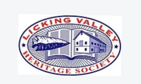 Licking Valley Heritage Society logo featuring a fish, a house, and an open book.