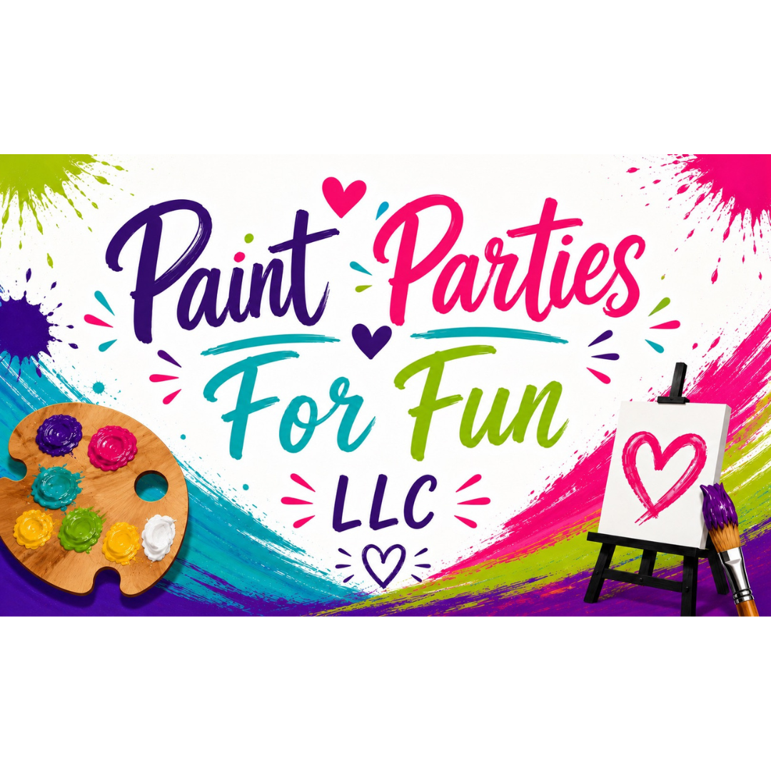 A group of six women standing indoors, each holding a painted wooden pumpkin decoration with colorful floral and nature designs. The background has a wall with a string of lights and a sign, and the women are smiling. Overlaid text in multicolored letters reads "Paint Parties For Fun LLC."