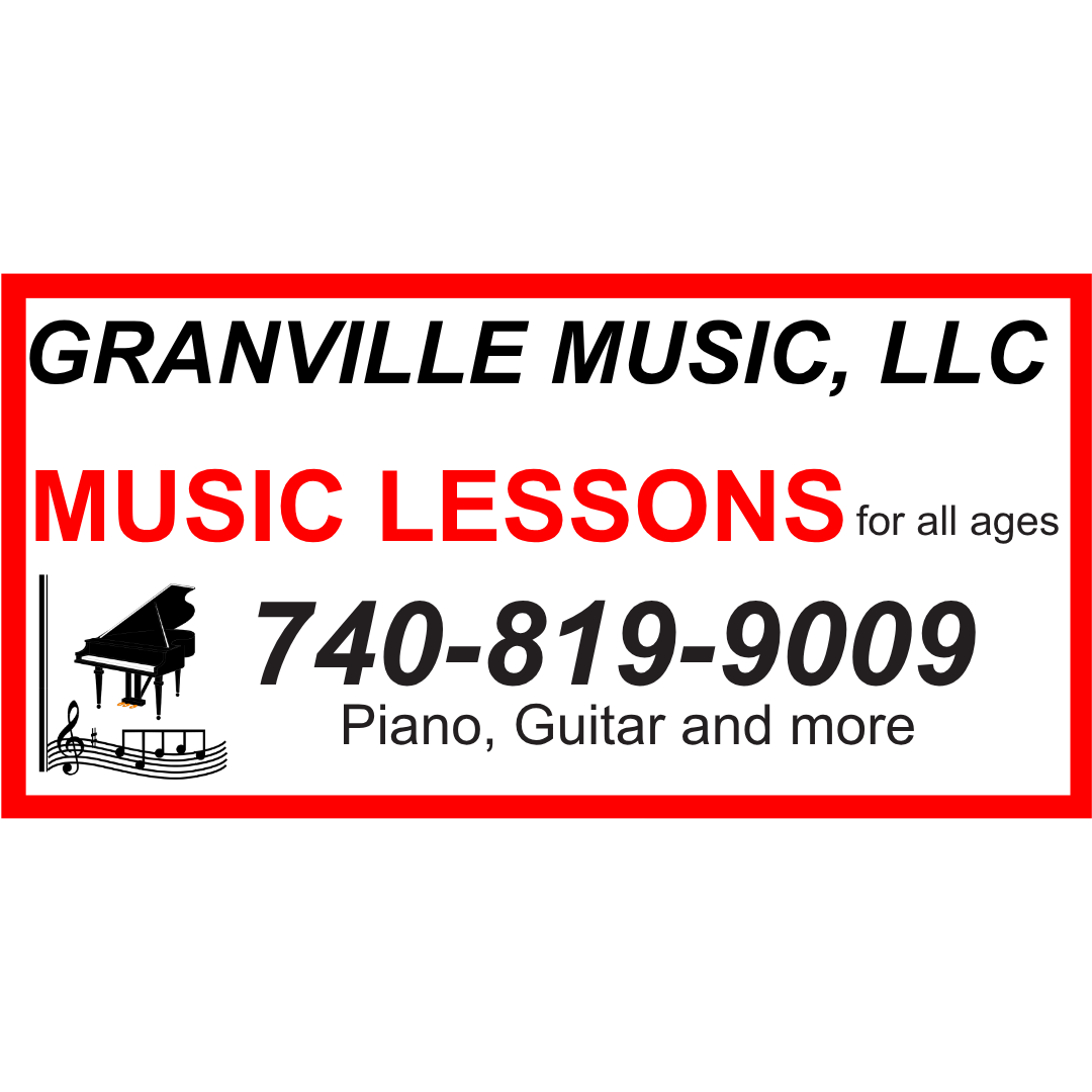 Text overlay on a piano image promoting Granville Music LLC and music lessons.