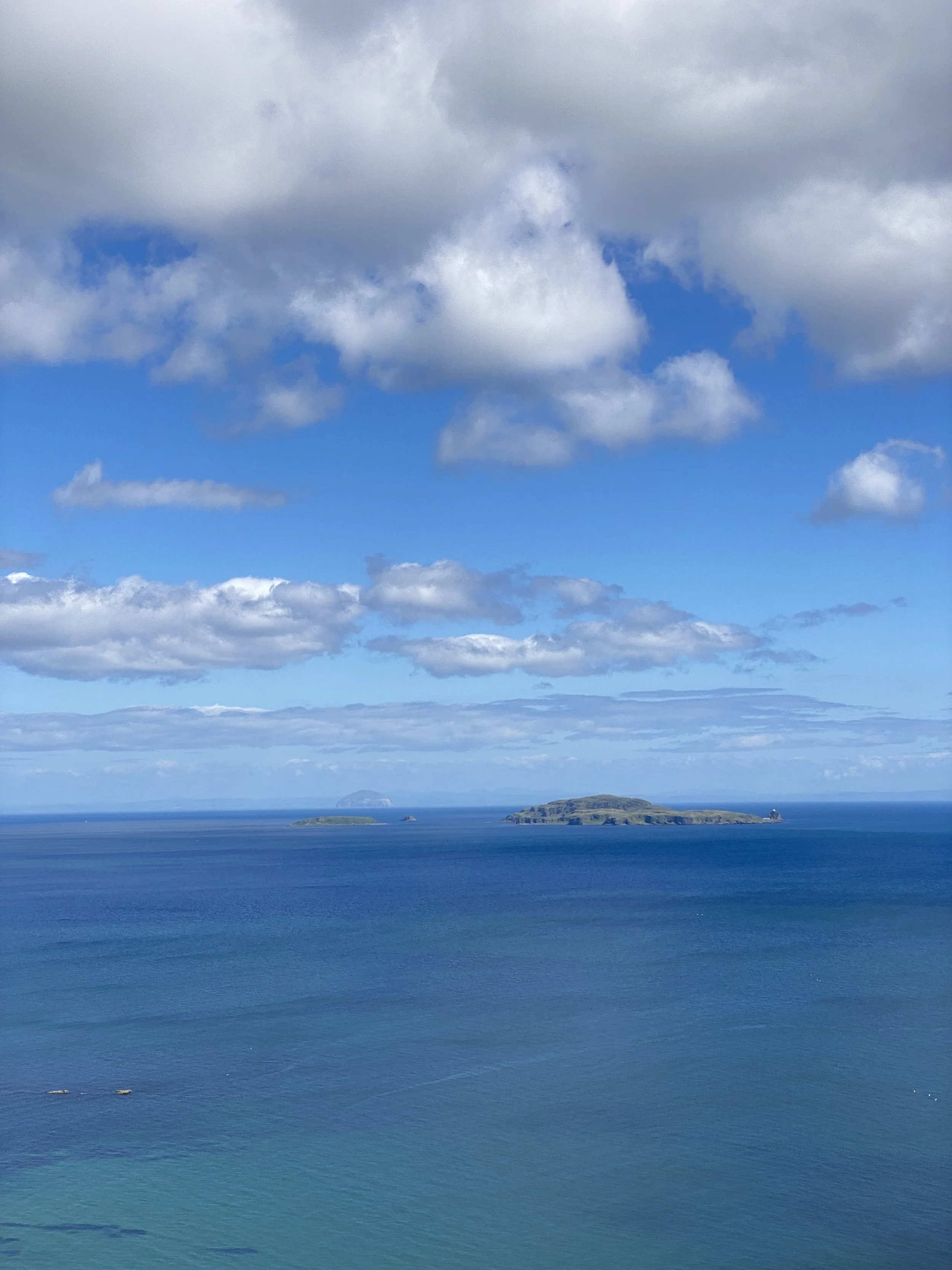 Coastline with basalt columns on the right, rocky shoreline in the foreground, and a distant hill or mountain in the background under a partly cloudy sky.