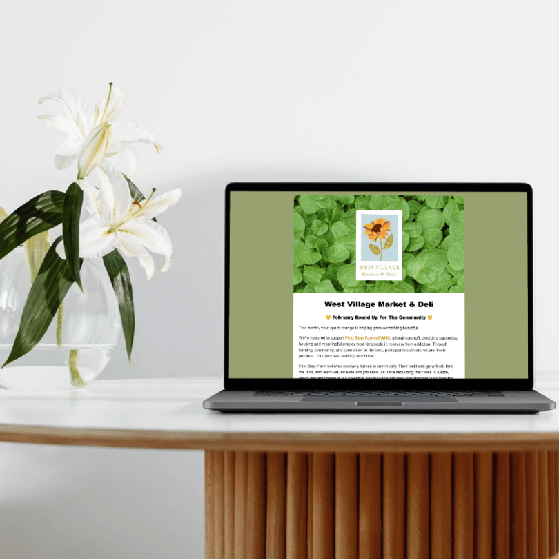 A screenshot of a West Village Market email, created by Lark About Design