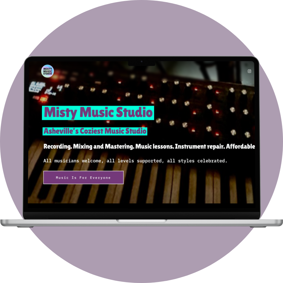 Screenshot of a website for Misty Music Studio displayed on a laptop, with a background of a music studio and text advertising music lessons, recording, mixing, mastering, and instrument repair.