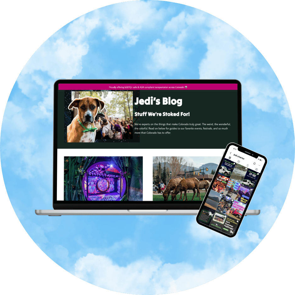 Smartphone displaying Jedi Charter's Instagram profile with photos of buses, groups of people, and event scenes.