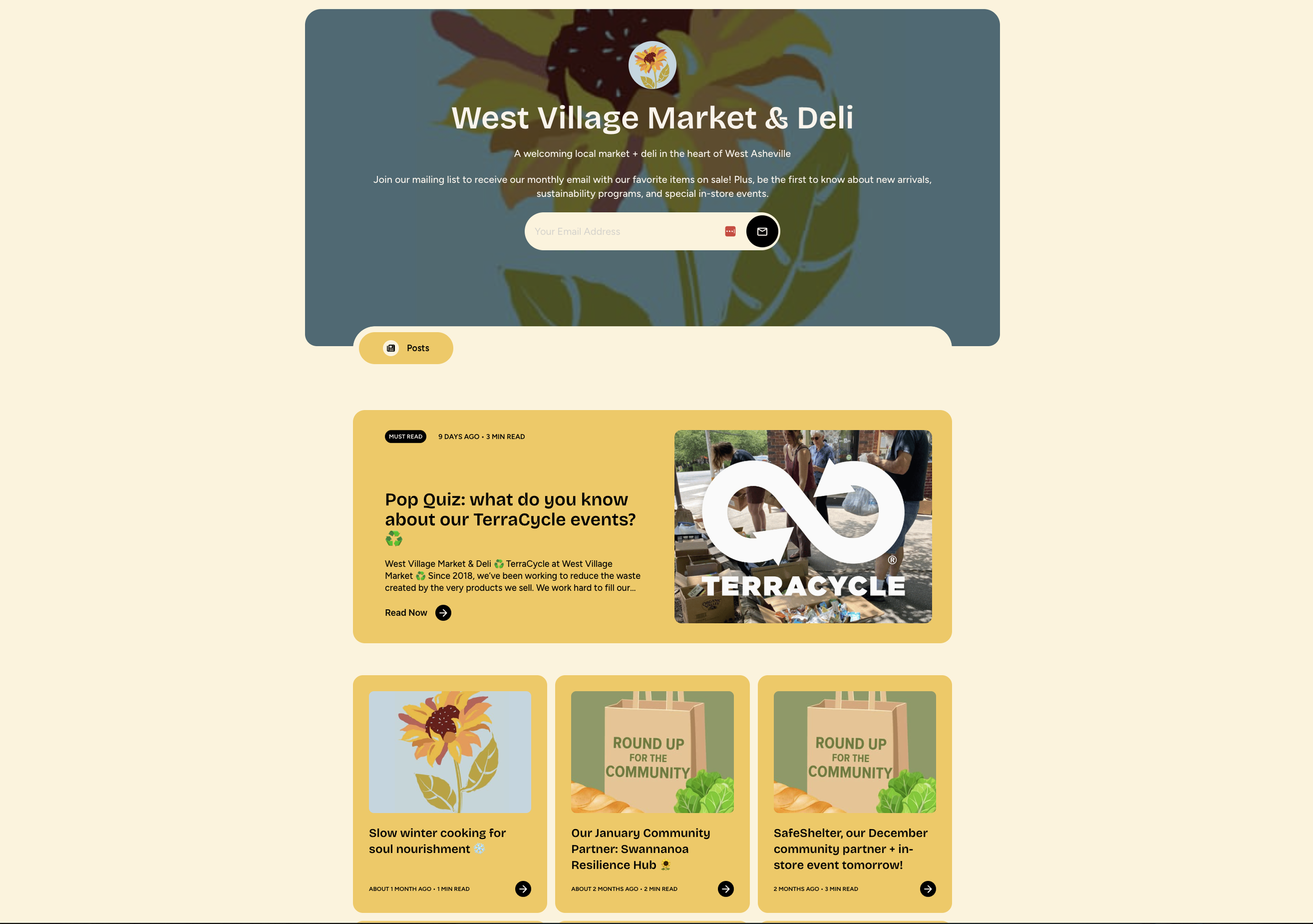 Email marketing overview of West Village Market with their four most recent newsletter