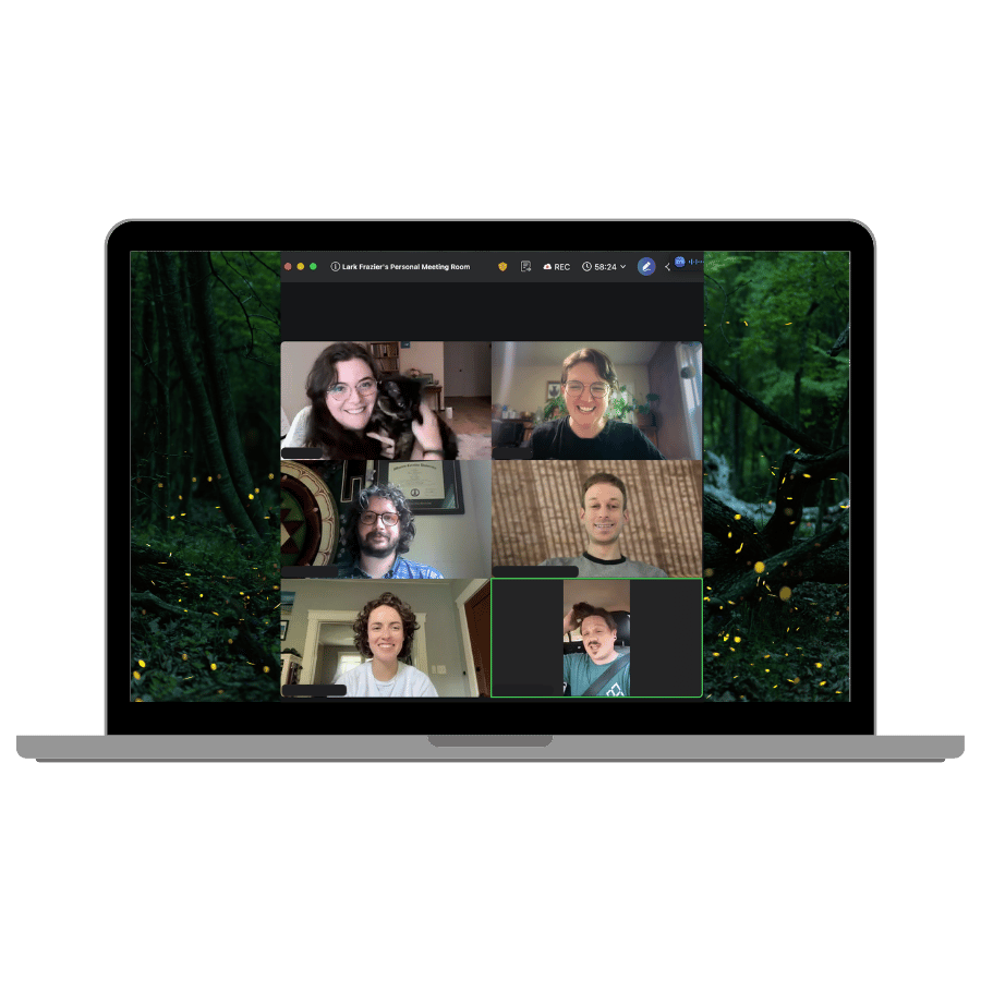 Screenshot of a Zoom video call showing six diverse participants smiling, with a forest background surrounding a laptop screen.