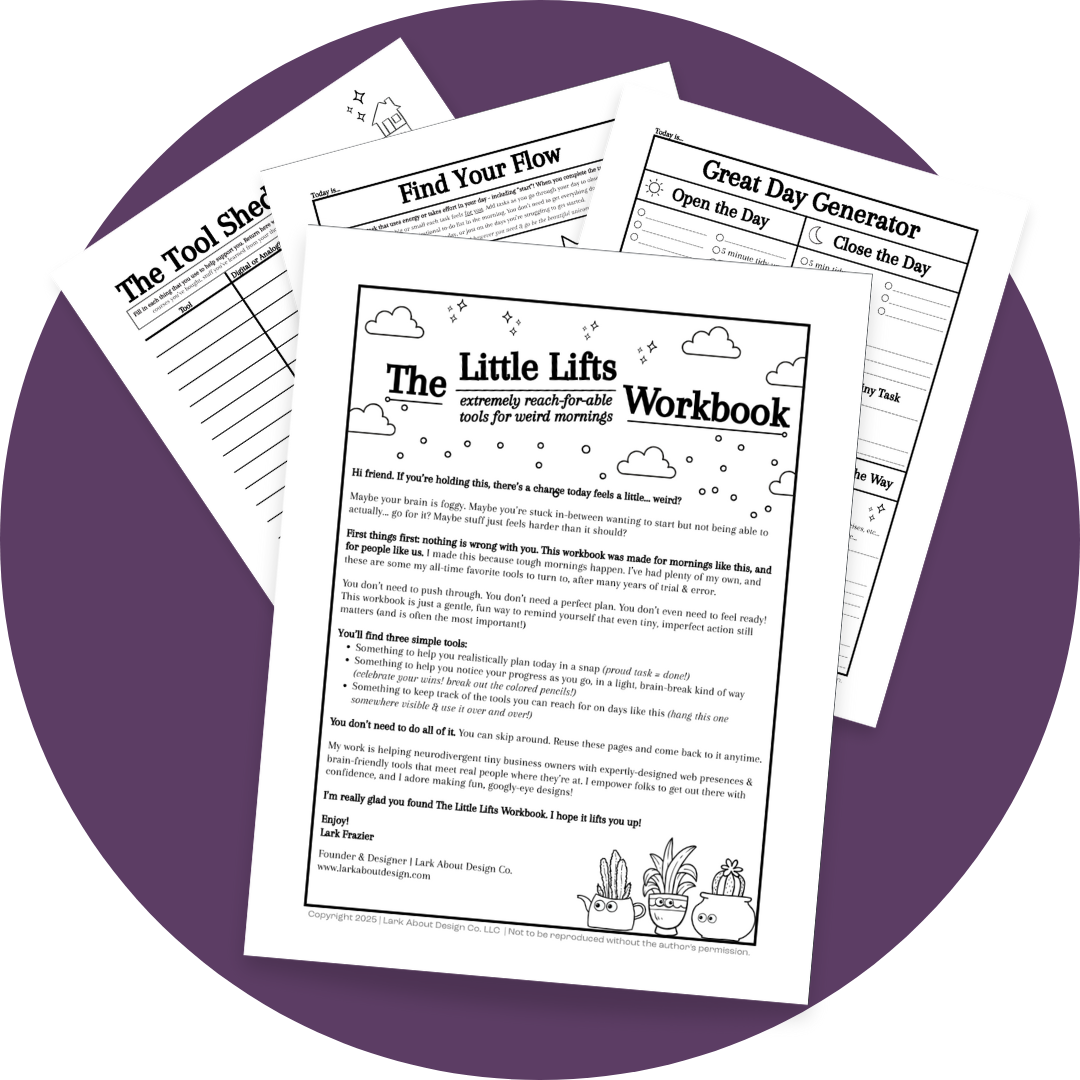A set of four printed worksheets titled "The Little Lifts Workbook" with a cloud and plant illustrations at the top and bottom, placed on a purple surface.
