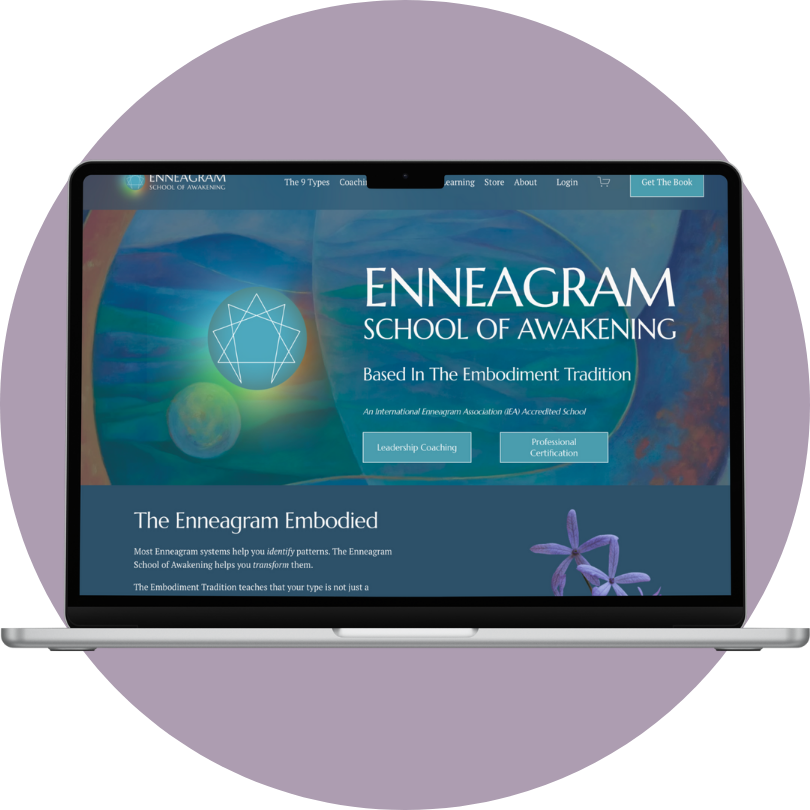 Laptop displaying the homepage of the Enneagram School of Awakening website with a blue and green abstract background, Enneagram symbol, and navigation menu.