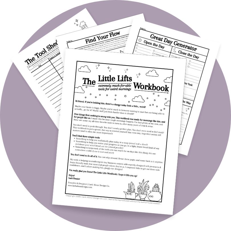 Black and white printable worksheet titled 'The Little Lifts Workbook' with decorative clouds, stars, and plant illustrations. Contains motivational and productivity tips, and includes sections for planning daily tasks.