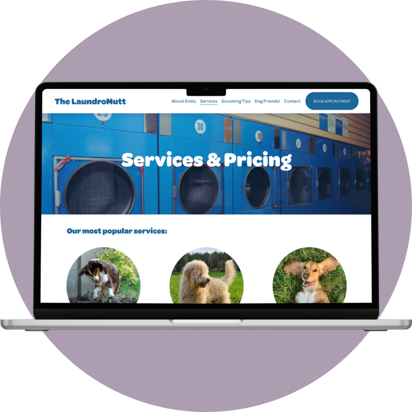 Laptop screen displaying a website titled 'The LaundroMutt' with laundry machines in the background and images of dogs below describing popular pet grooming services.