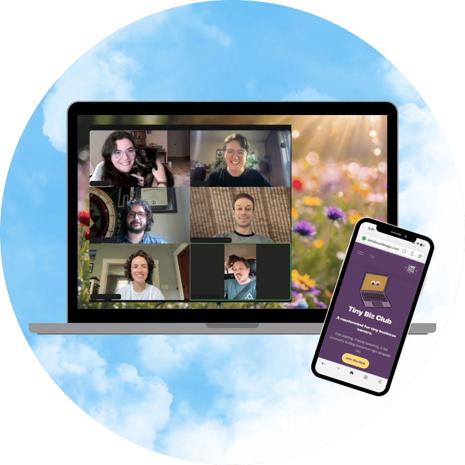 Screenshot of a Zoom video call showing six diverse participants smiling, with a forest background surrounding a laptop screen.