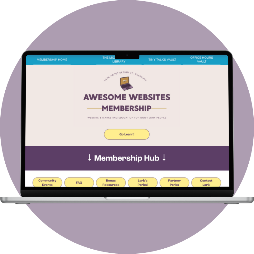 A laptop screen displaying a webpage titled 'Awesome Websites Membership' with a cartoon character, navigation tabs, and buttons for membership benefits.