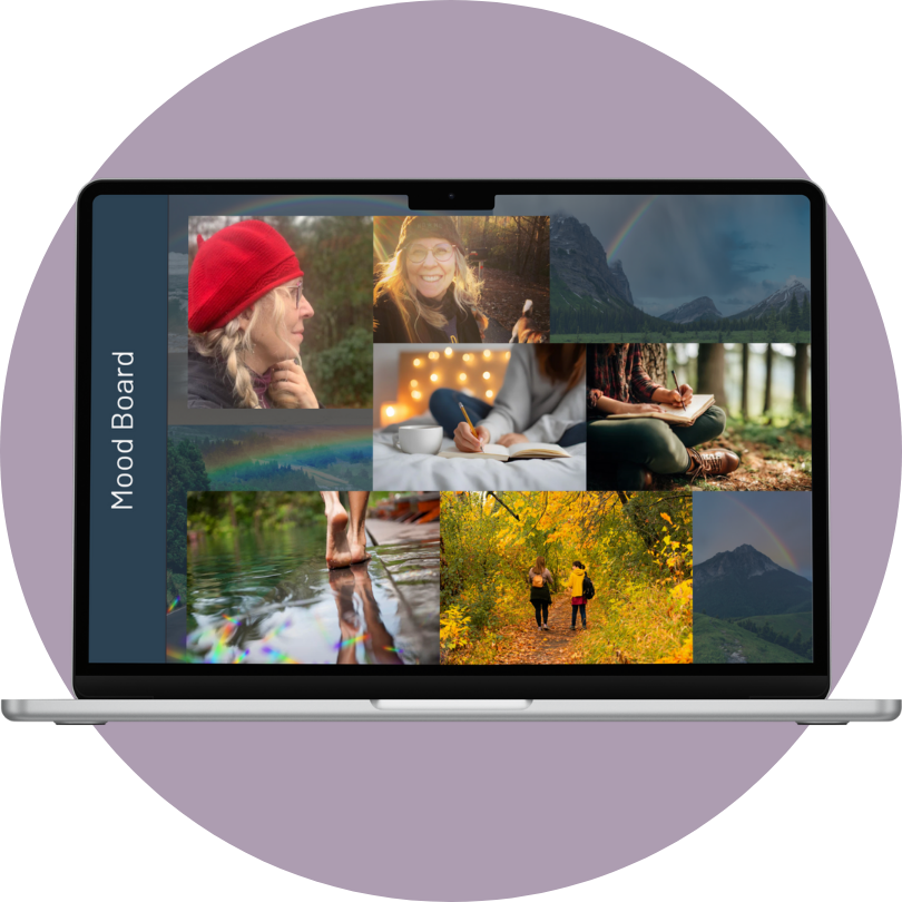 Laptop screen displaying a mood board with nature scenes and people in outdoor settings.
