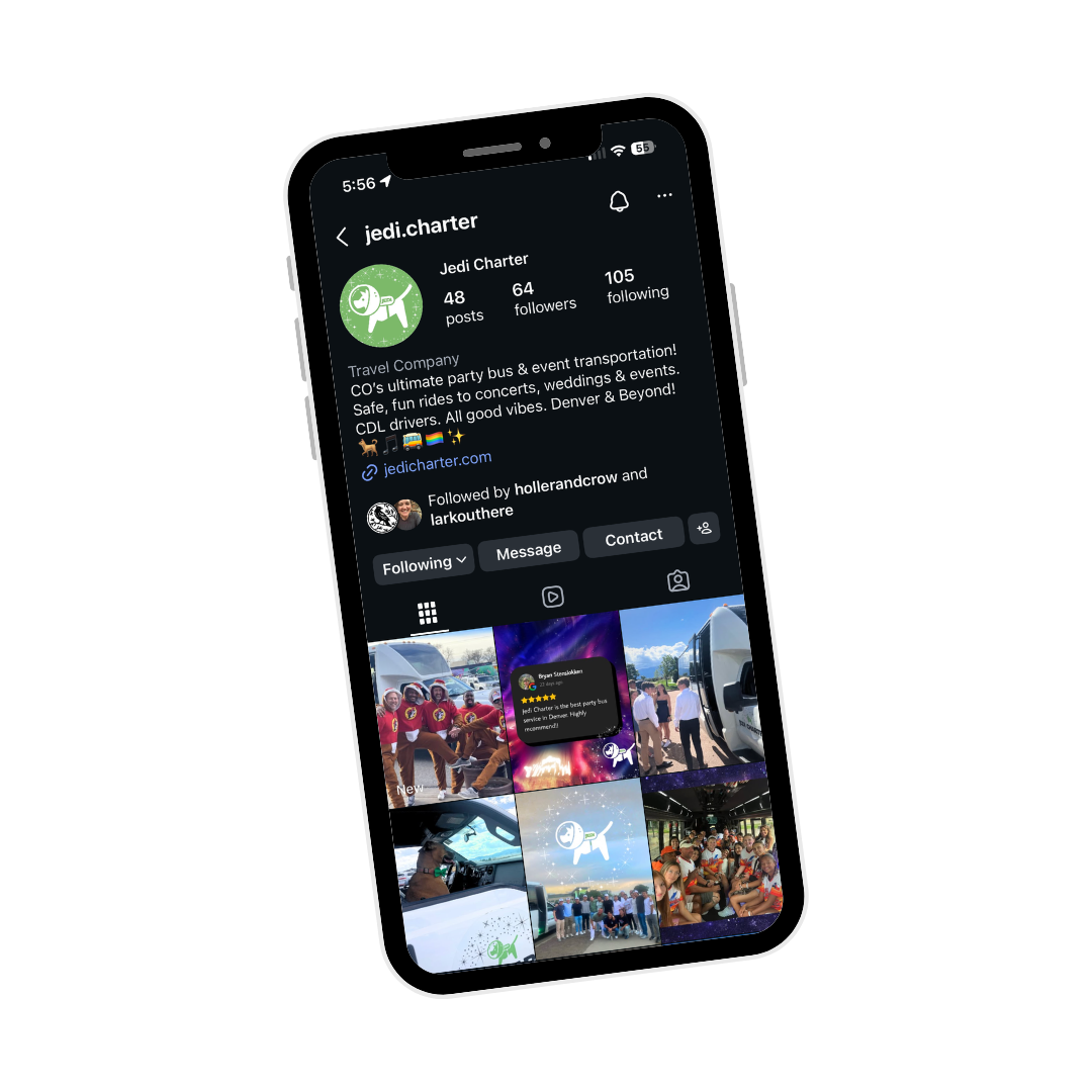 Smartphone displaying Jedi Charter's Instagram profile with photos of buses, groups of people, and event scenes.