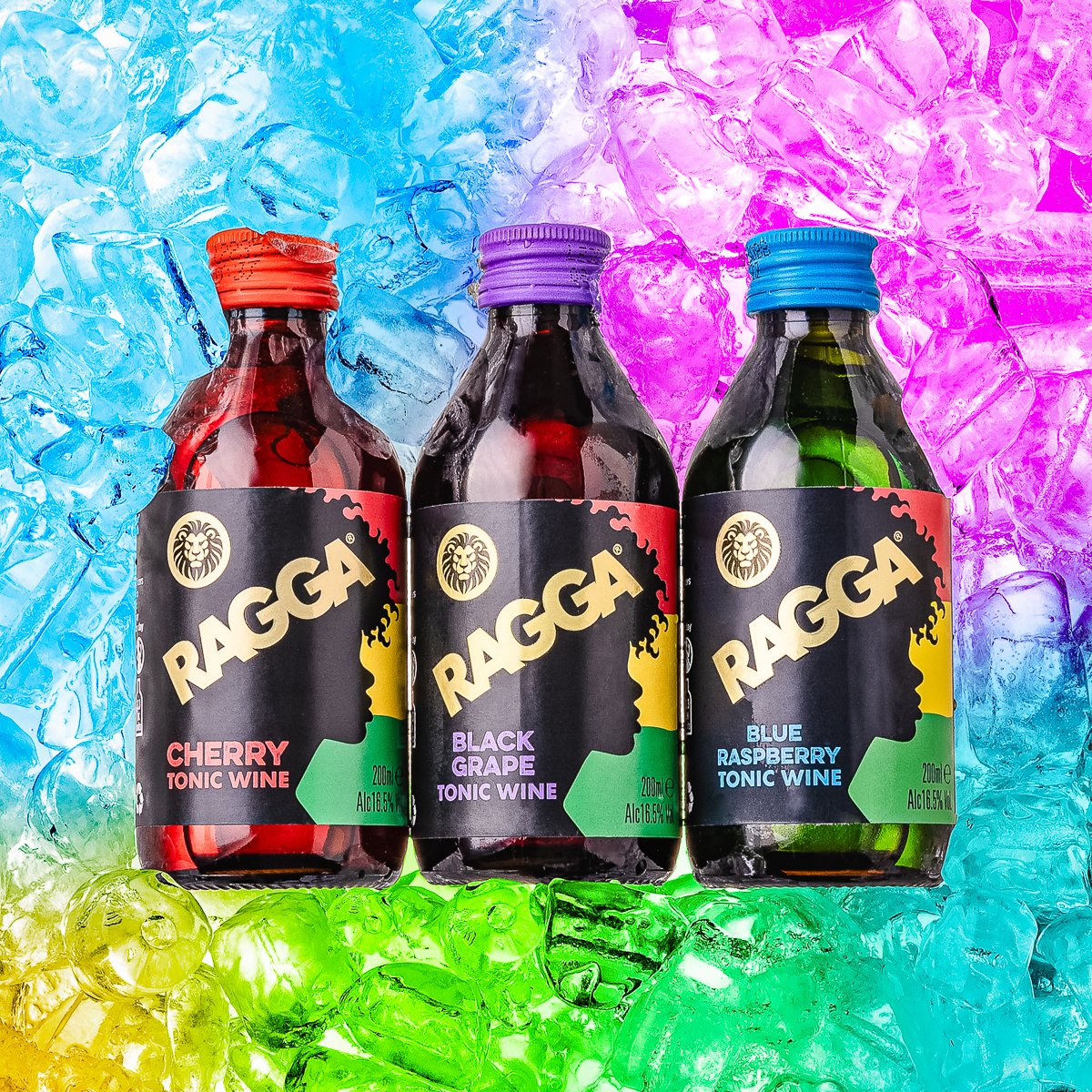 Professional drink photography by Krisztian Sipos Studio London. Dynamic drink photography of Ragga tonic wine on a colourful ice bed.