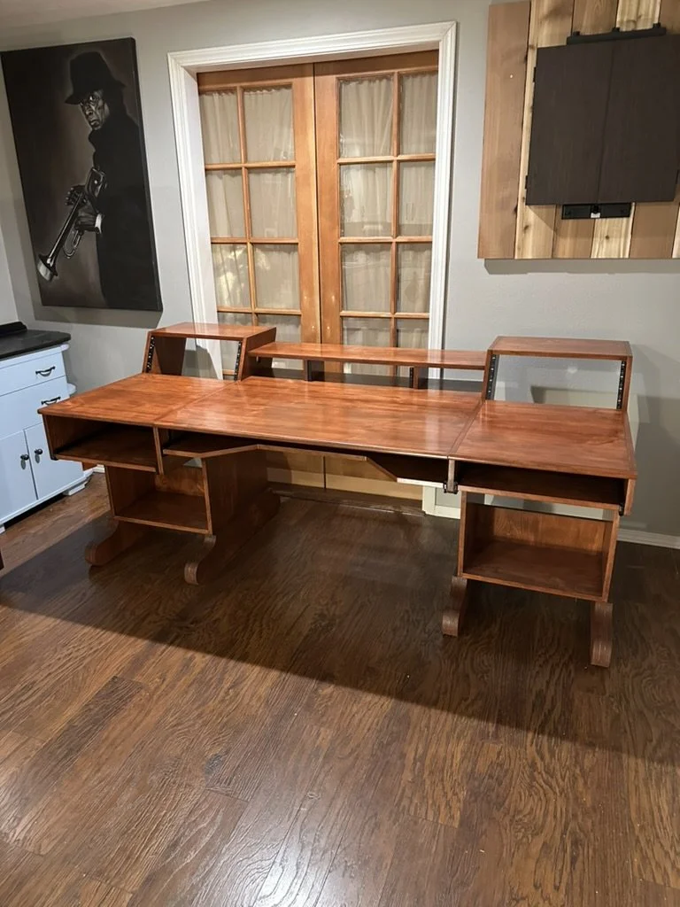 Stained Studio Desk with 10u, pull out trays, and record storage