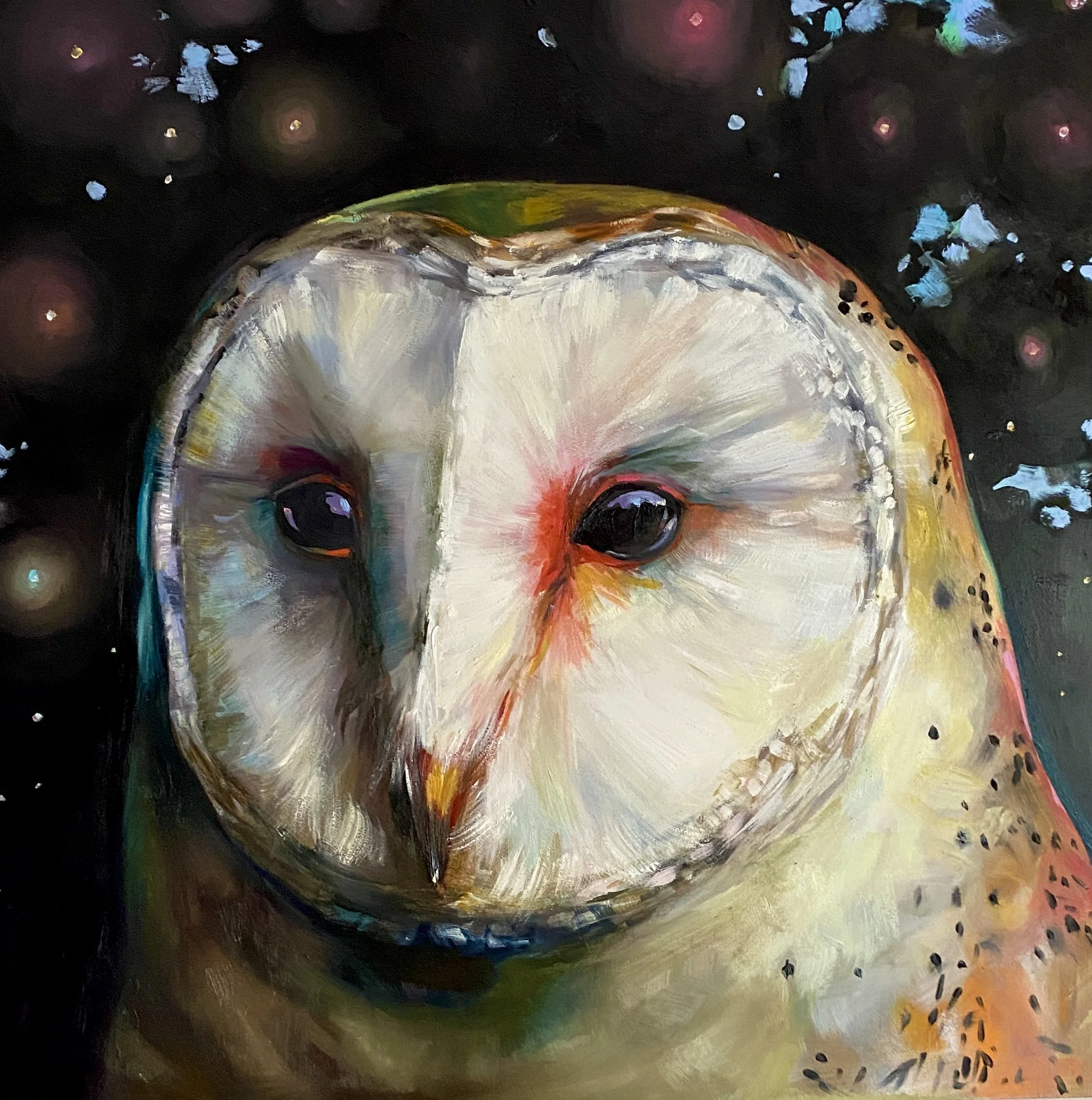 SOLD -Spoonbill Gallery, Greenville, SC.
Barn Owl - 16x16" oil on 2" panel. 