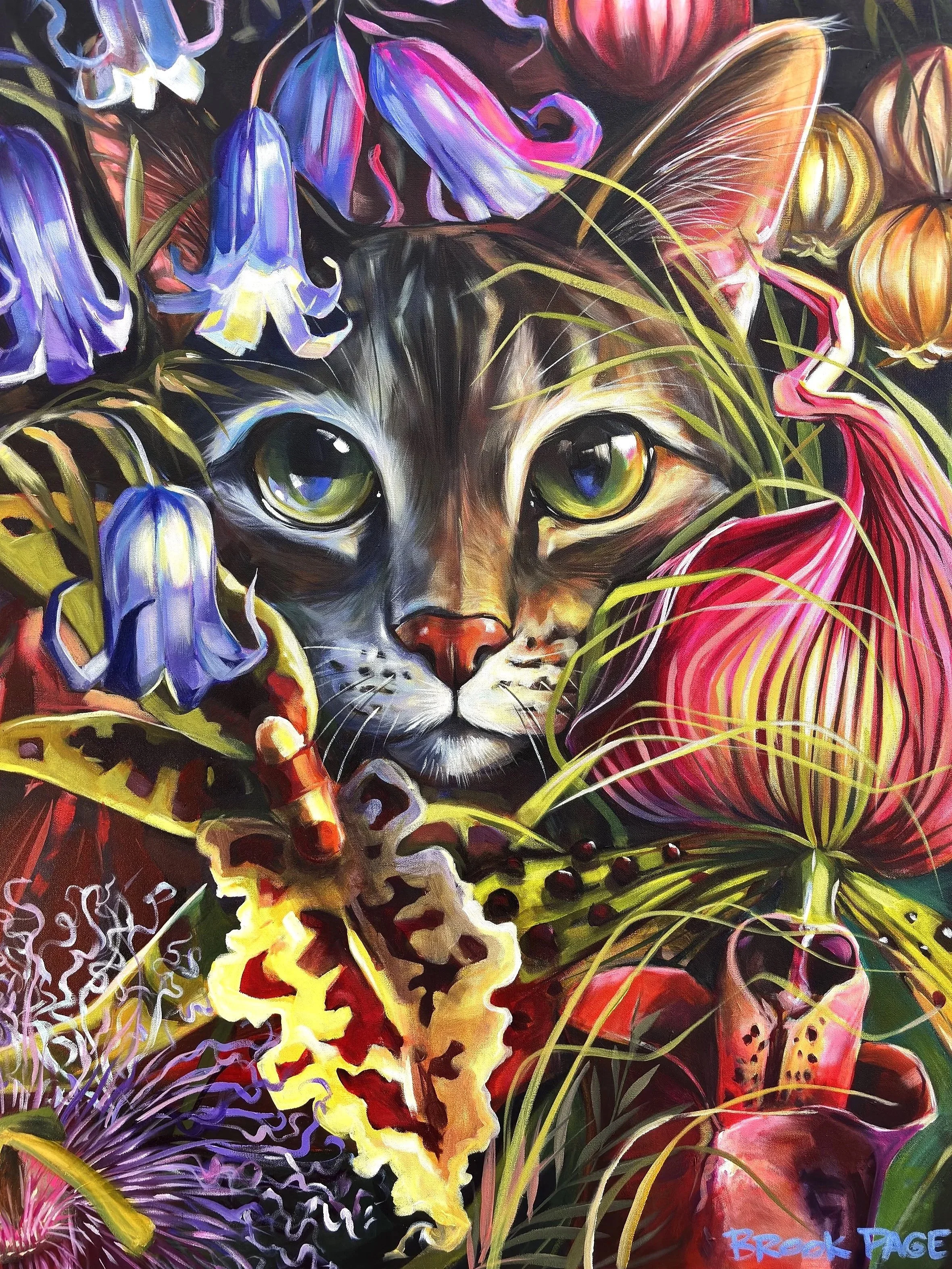 Tabby Garden 36x48" 2026. Available for purchase through The Plum Gallery, St. Augustine, FL. 